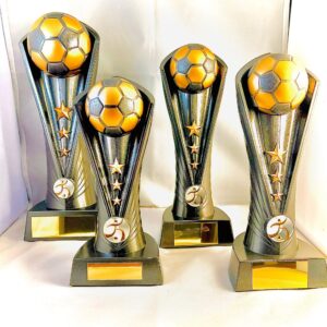 Set of football trophies on base with 3 stars on column