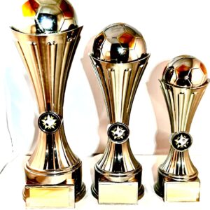 Gold plastic football in golden cone support with black marble base.